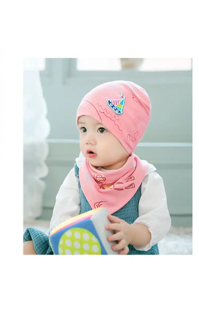เซ็ตหมวกเด็กลายท้องทะเลแต่งรูปเรือใบมาพร้อมผ้ากันเปื้อน GZMM