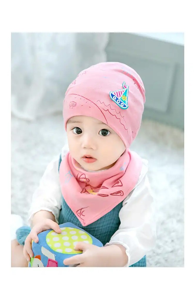 เซ็ตหมวกเด็กลายท้องทะเลแต่งรูปเรือใบมาพร้อมผ้ากันเปื้อน GZMM