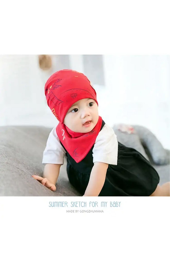 เซ็ตหมวกเด็กลายท้องทะเลแต่งรูปเรือใบมาพร้อมผ้ากันเปื้อน GZMM