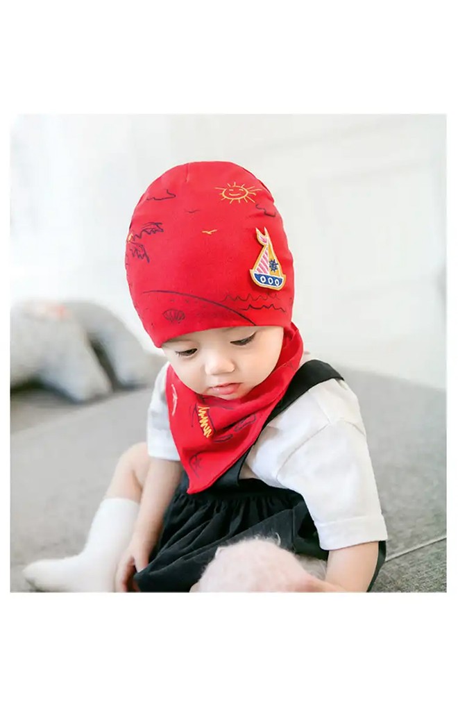เซ็ตหมวกเด็กลายท้องทะเลแต่งรูปเรือใบมาพร้อมผ้ากันเปื้อน GZMM