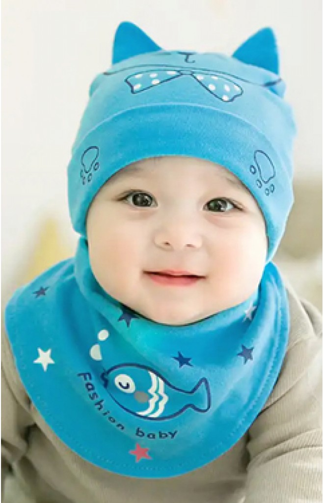เซ็ตหมวกเด็กสกรีนหน้าแมวและปลาน้อยพร้อมผ้ากันเปื้อน GZMM เซ็ตหมวกเด็กสกรีนหน้าแมวและปลาน้อยพร้อมผ้ากันเปื้อน GZMM