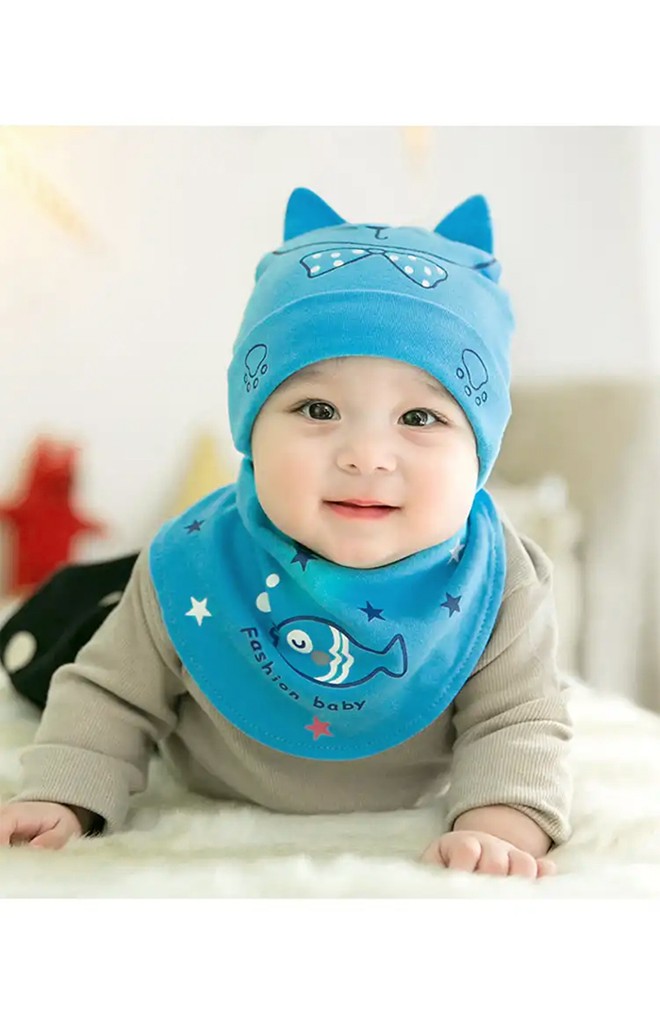 เซ็ตหมวกเด็กสกรีนหน้าแมวและปลาน้อยพร้อมผ้ากันเปื้อน GZMM