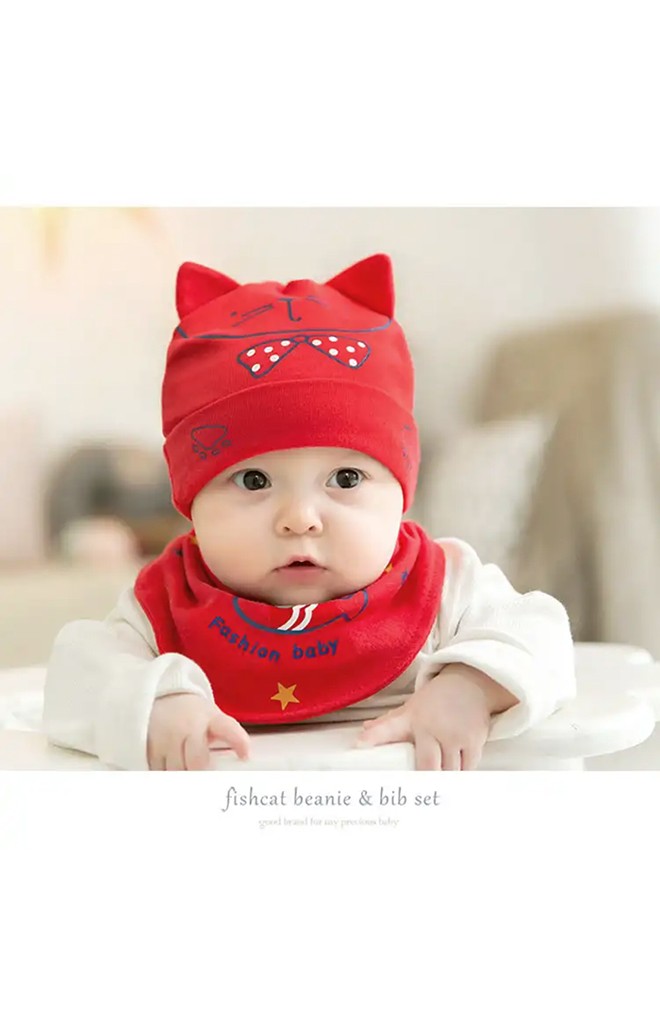 เซ็ตหมวกเด็กสกรีนหน้าแมวและปลาน้อยพร้อมผ้ากันเปื้อน GZMM