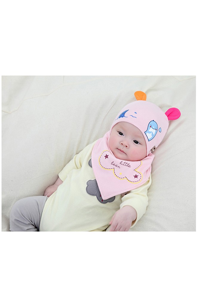 เซ็ตหมวกเด็กเล็กแต่งหูสกรีนโลมาพร้อมผ้ากันเปื้อน TIANYIBEAR