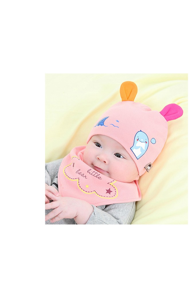 เซ็ตหมวกเด็กเล็กแต่งหูสกรีนโลมาพร้อมผ้ากันเปื้อน TIANYIBEAR