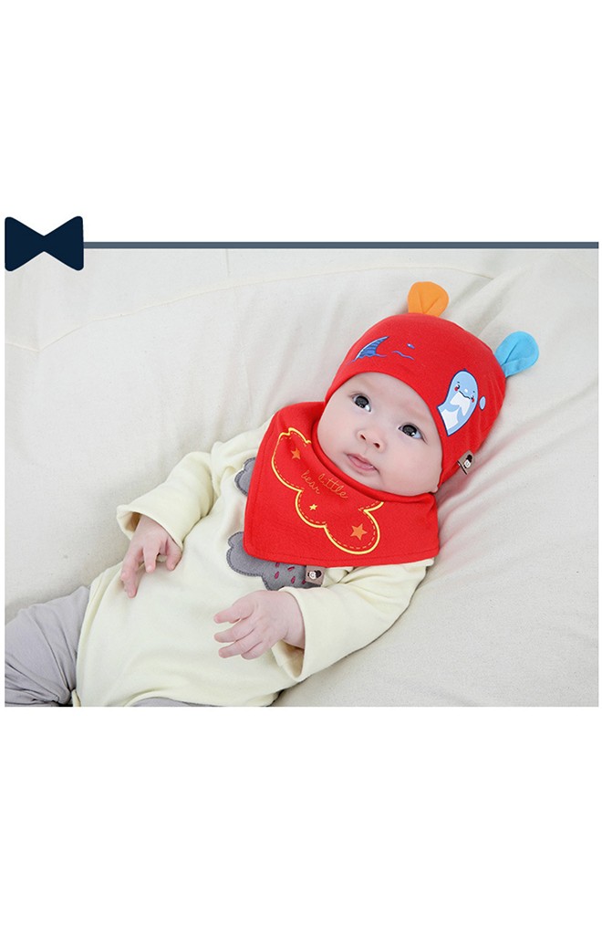 เซ็ตหมวกเด็กเล็กแต่งหูสกรีนโลมาพร้อมผ้ากันเปื้อน TIANYIBEAR