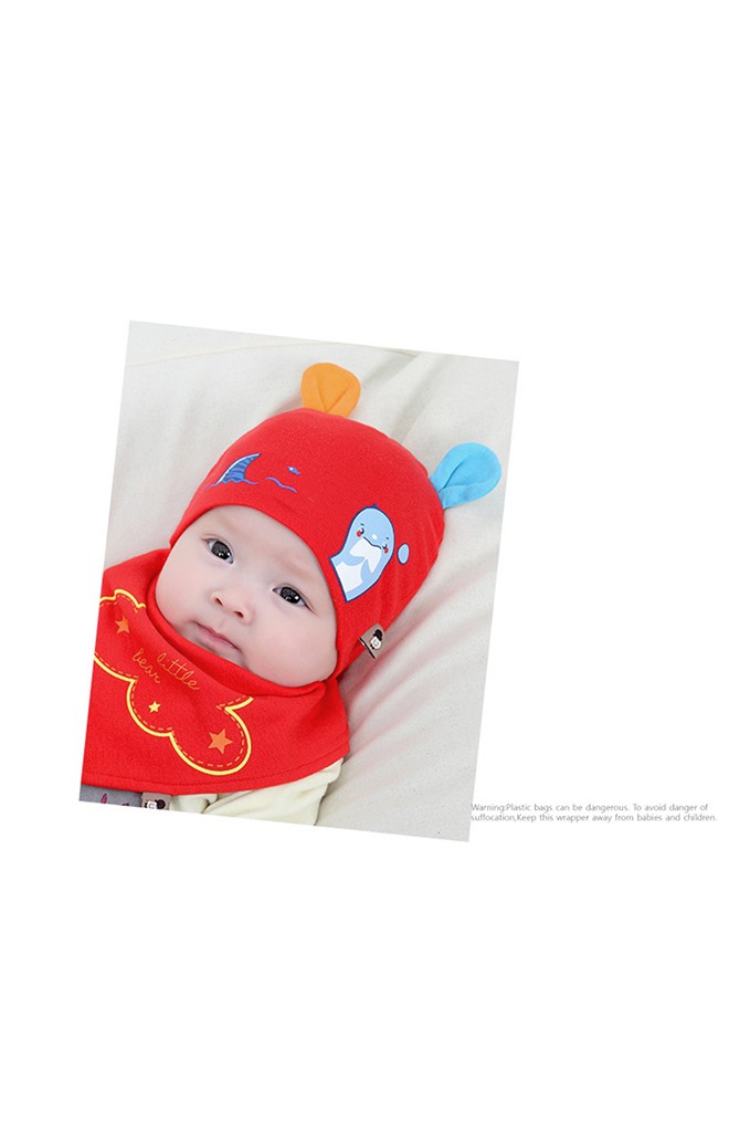 เซ็ตหมวกเด็กเล็กแต่งหูสกรีนโลมาพร้อมผ้ากันเปื้อน TIANYIBEAR