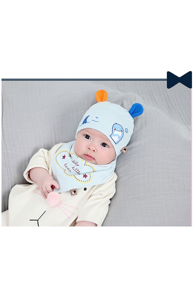 เซ็ตหมวกเด็กเล็กแต่งหูสกรีนโลมาพร้อมผ้ากันเปื้อน TIANYIBEAR