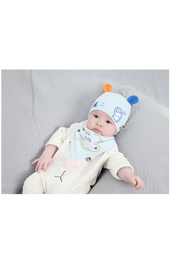 เซ็ตหมวกเด็กเล็กแต่งหูสกรีนโลมาพร้อมผ้ากันเปื้อน TIANYIBEAR