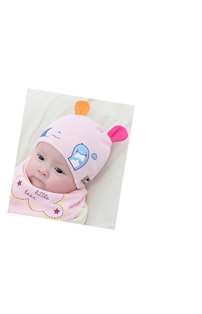 เซ็ตหมวกเด็กเล็กแต่งหูสกรีนโลมาพร้อมผ้ากันเปื้อน TIANYIBEAR