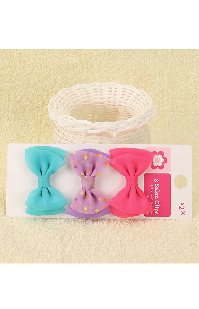 กิ๊บเด็กรูปโบว์ แพ็ค 3 คู่ สีชมพูเข้ม ม่วง และ เขียวอมฟ้า