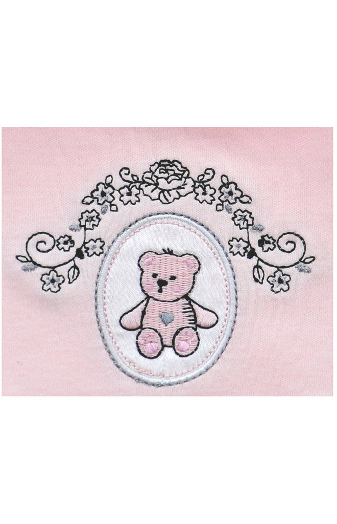 ผ้ากันเปื้อนเด็กสีชมพูชายรอบระบายหวาน ปักลายหมี