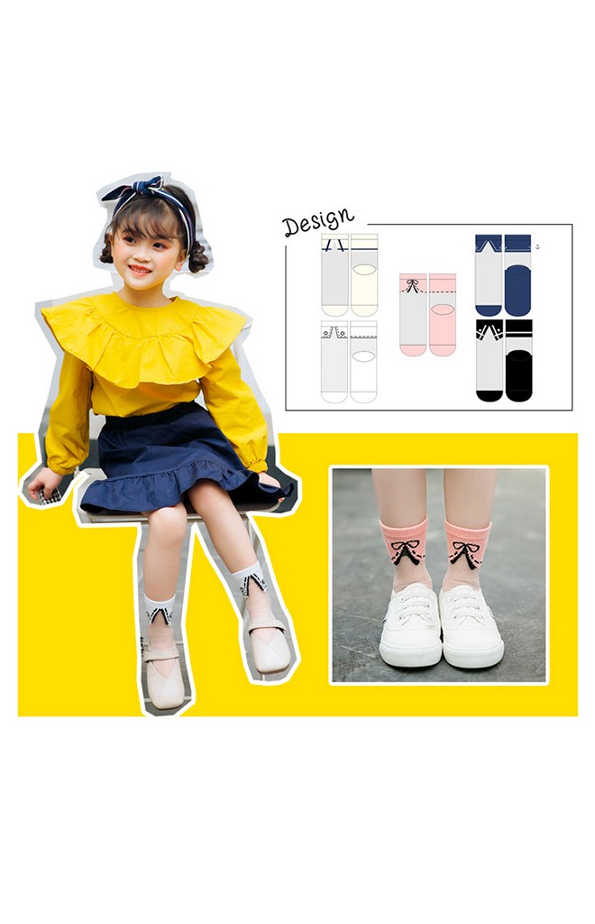 ถุงเท้าเด็กฤดูร้อนลายปกเสื้อแพ็ค 5 คู่ สี ขาว ครีม ชมพู น้ำเงิน และ ดำ(C622)