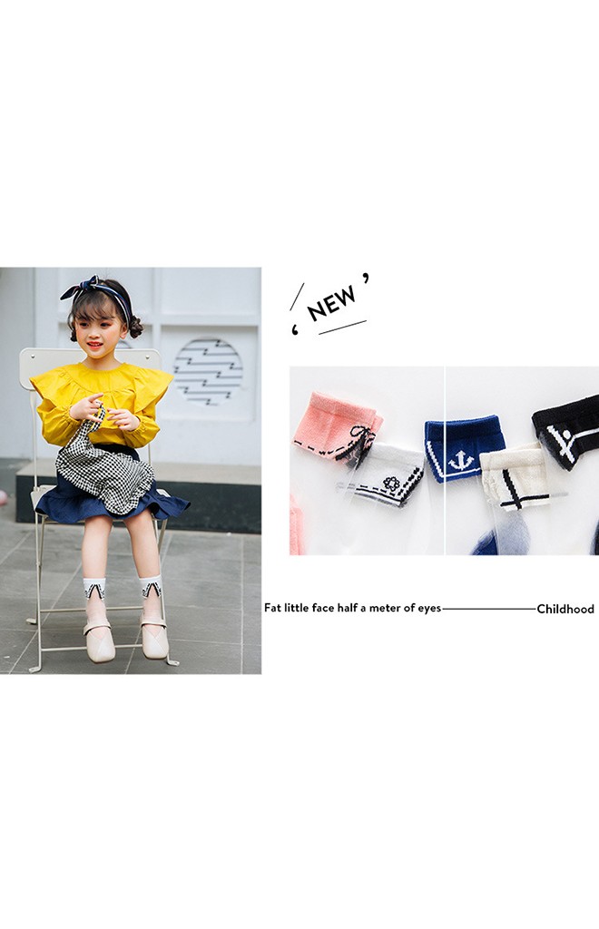 ถุงเท้าเด็กฤดูร้อนลายปกเสื้อแพ็ค 5 คู่ สี ขาว ครีม ชมพู น้ำเงิน และ ดำ(C622)