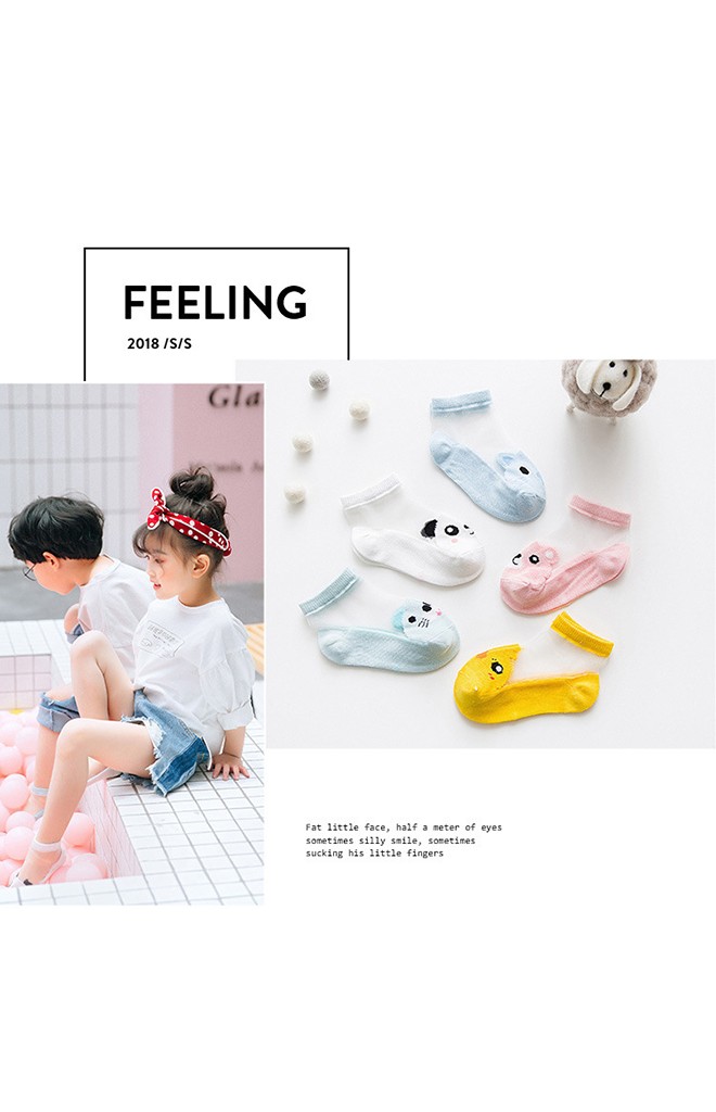 ถุงเท้าเด็กฤดูร้อนลายหน้าสัตว์น่ารัก แพ็ค 5 คู่ สีขาว ชมพู เหลือง ฟ้า และ เขียว(C618)