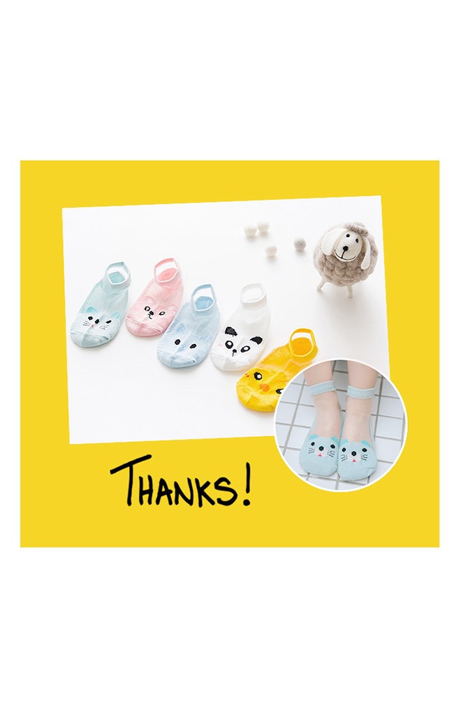 ถุงเท้าเด็กฤดูร้อนลายหน้าสัตว์น่ารัก แพ็ค 5 คู่ สีขาว ชมพู เหลือง ฟ้า และ เขียว(C618)