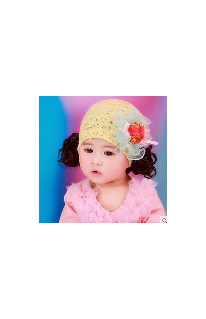 หมวกปอยผมผ้าลูกไม้แต่งช่อดอกไม้และระบายผ้าโปร่ง
