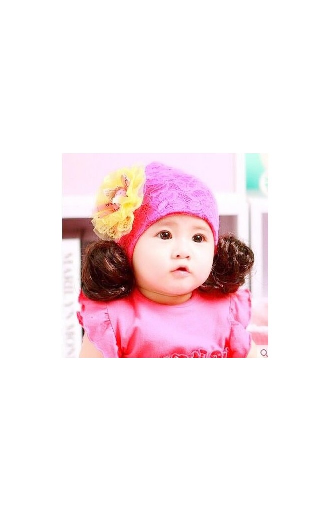 หมวกปอยผมผ้าลูกไม้แต่งโบว์กระดุมและลูกไม้เหลือง