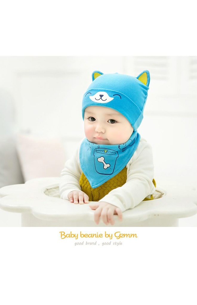 เซ็ตหมวกลายลูกสุนัขหูตั้งมาพร้อมผ้ากันเปื้อนสามเหลี่ยม GZMM