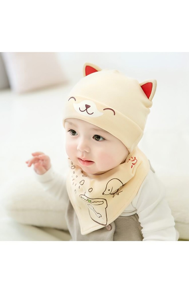 เซ็ตหมวกลายลูกสุนัขหูตั้งมาพร้อมผ้ากันเปื้อนสามเหลี่ยม GZMM