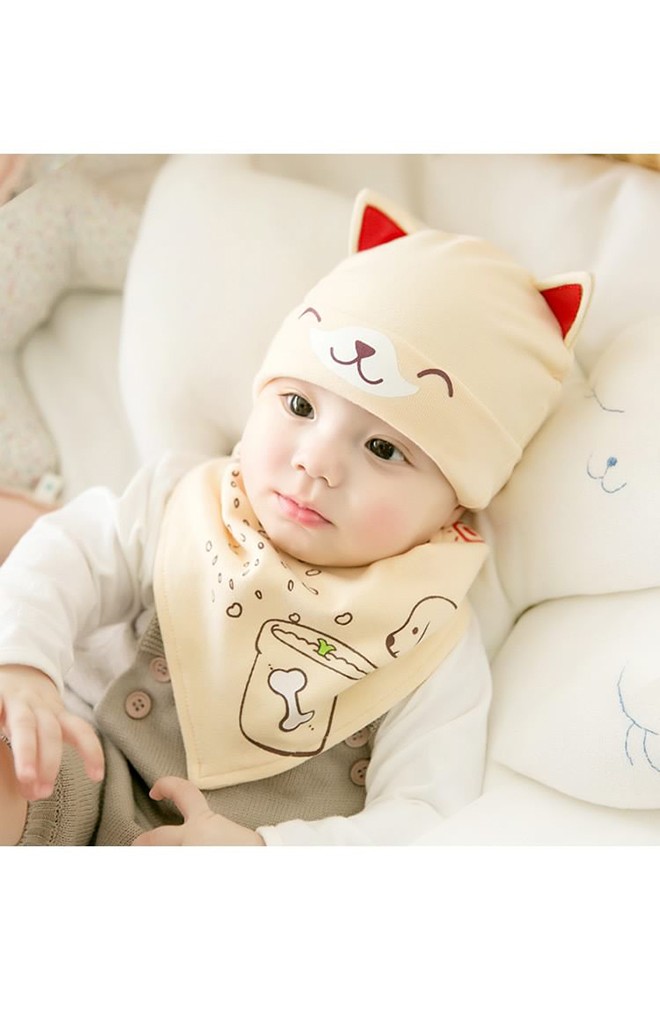 เซ็ตหมวกลายลูกสุนัขหูตั้งมาพร้อมผ้ากันเปื้อนสามเหลี่ยม GZMM