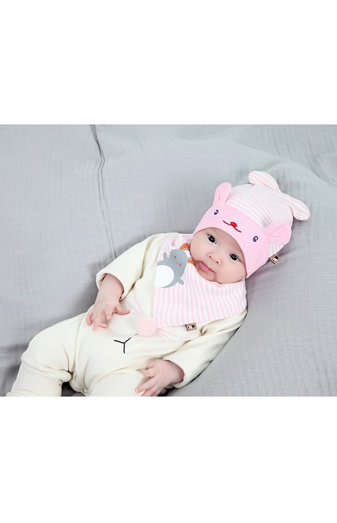 เซ็ตหมวกกระต่ายผูกโบว์ลายทางมาพร้อมผ้ากันเปื้อน TIANYIBEAR