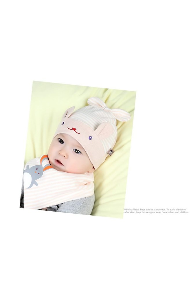 เซ็ตหมวกกระต่ายผูกโบว์ลายทางมาพร้อมผ้ากันเปื้อน TIANYIBEAR