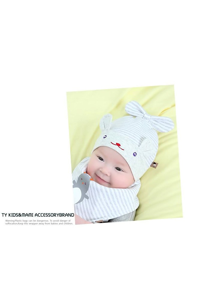 เซ็ตหมวกกระต่ายผูกโบว์ลายทางมาพร้อมผ้ากันเปื้อน TIANYIBEAR