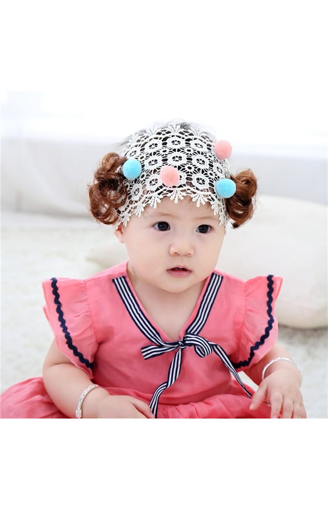 ผ้าคาดลูกไม้สีครีมปอยผมแต่งปอมปอมน่ารัก