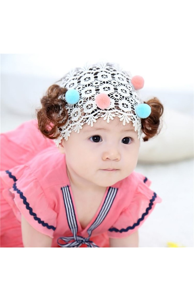 ผ้าคาดลูกไม้สีครีมปอยผมแต่งปอมปอมน่ารัก