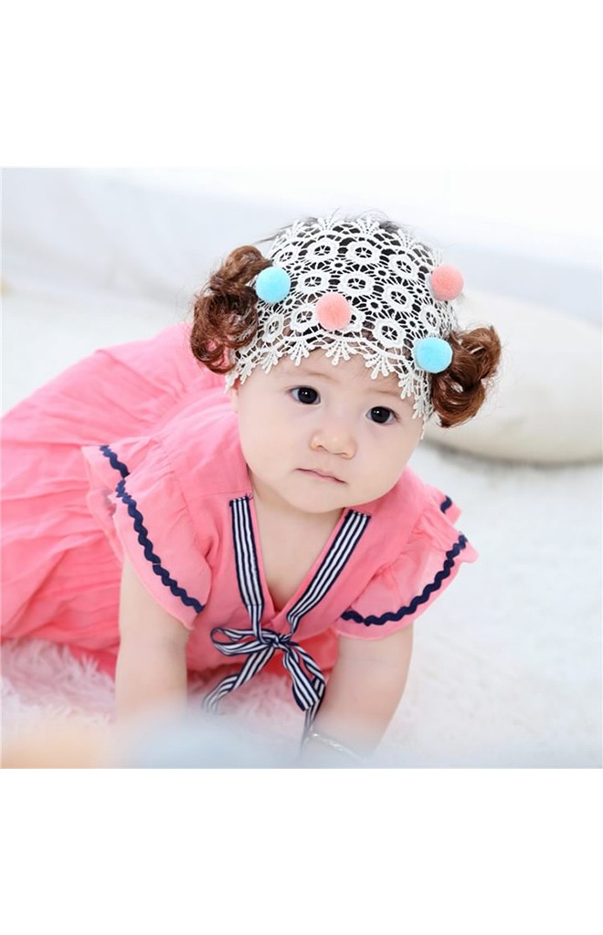 ผ้าคาดลูกไม้สีครีมปอยผมแต่งปอมปอมน่ารัก