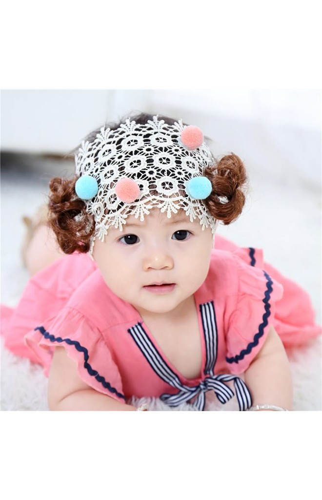 ผ้าคาดลูกไม้สีครีมปอยผมแต่งปอมปอมน่ารัก