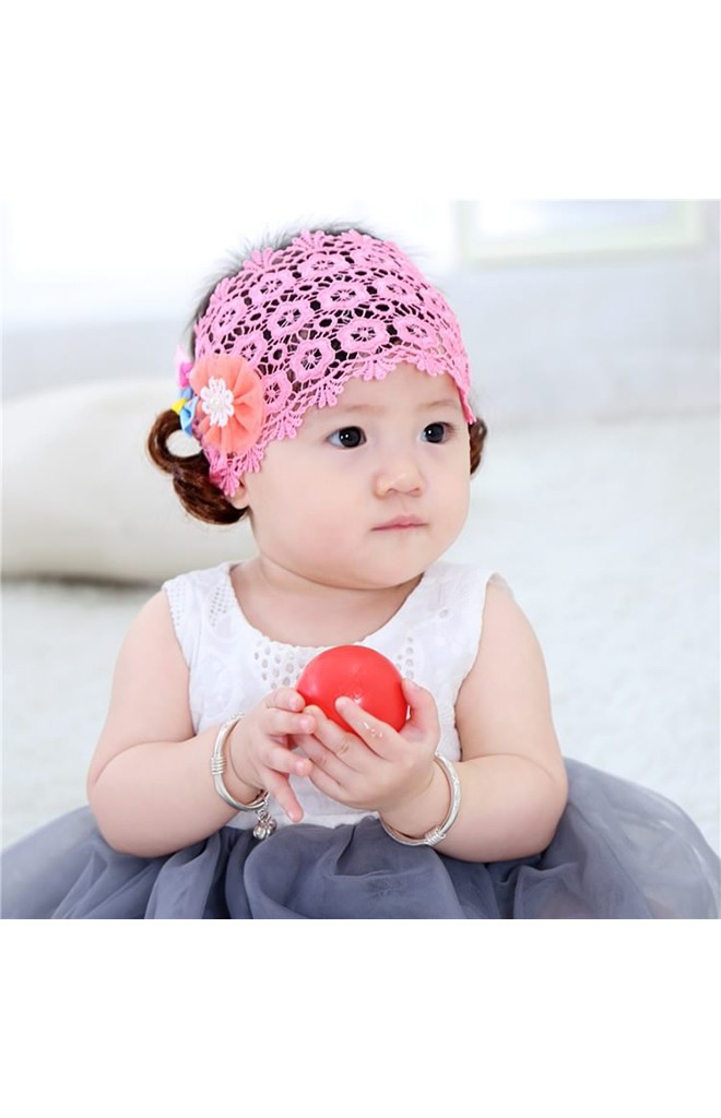 ผ้าคาดลูกไม้ชมพูปอยผมแต่งโบว์ดอกไม้และโบว์คู่