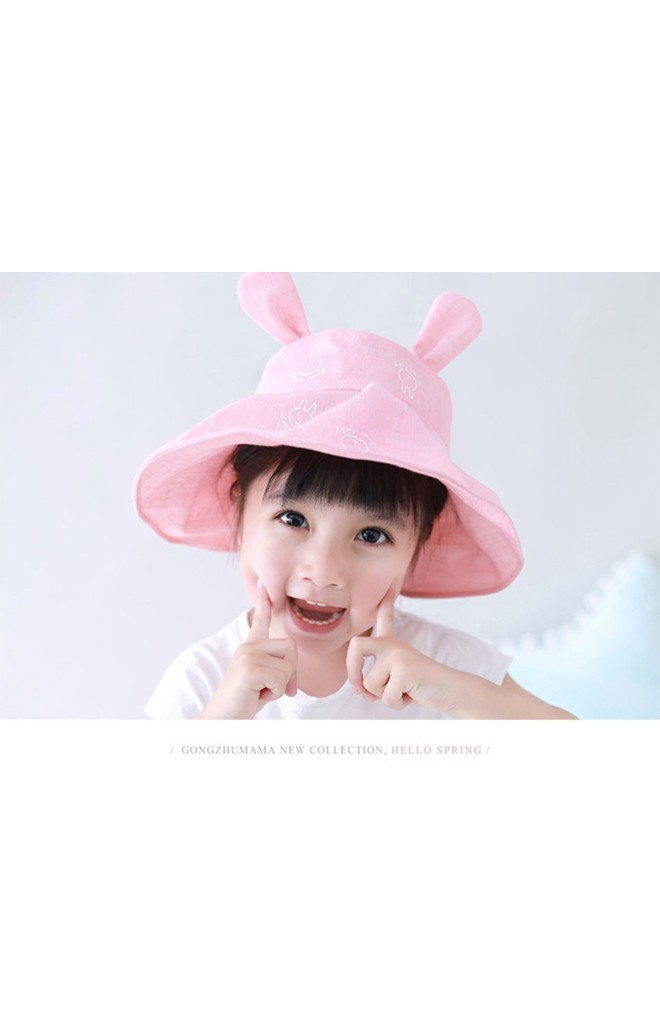 หมวกกันแดดปีกกว้างลายกระต่ายแต่งหูน่ารัก GZMM