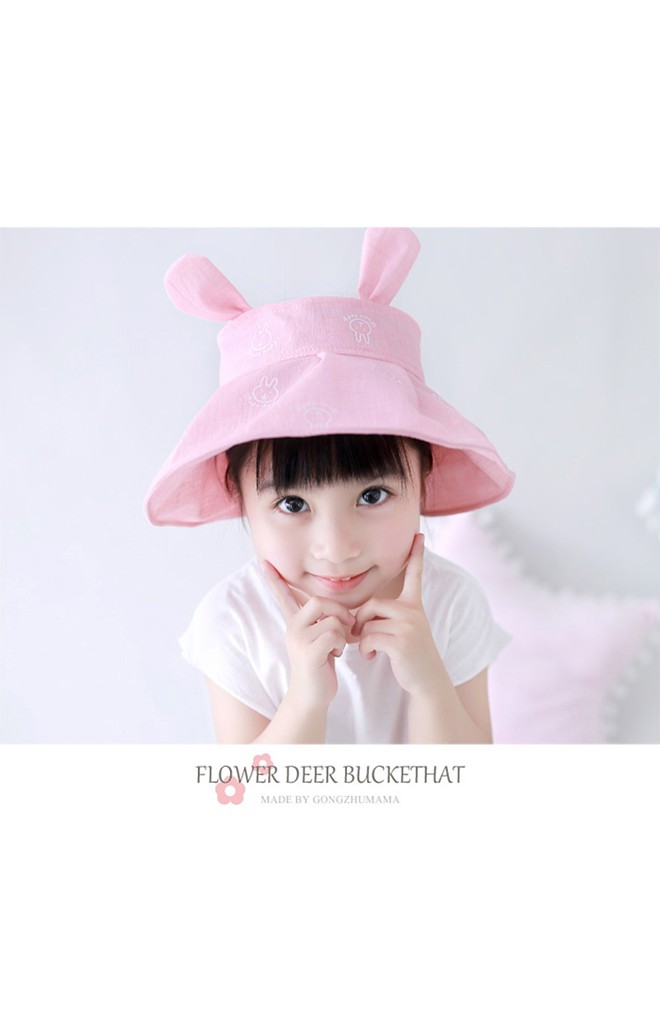 หมวกกันแดดปีกกว้างลายกระต่ายแต่งหูน่ารัก GZMM