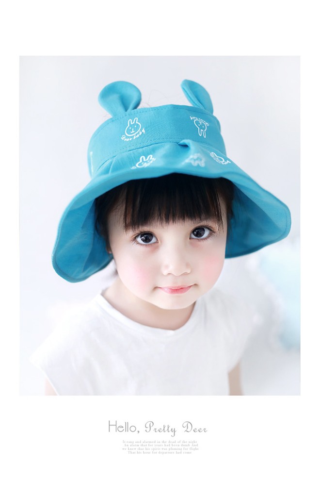หมวกกันแดดปีกกว้างลายกระต่ายแต่งหูน่ารัก GZMM