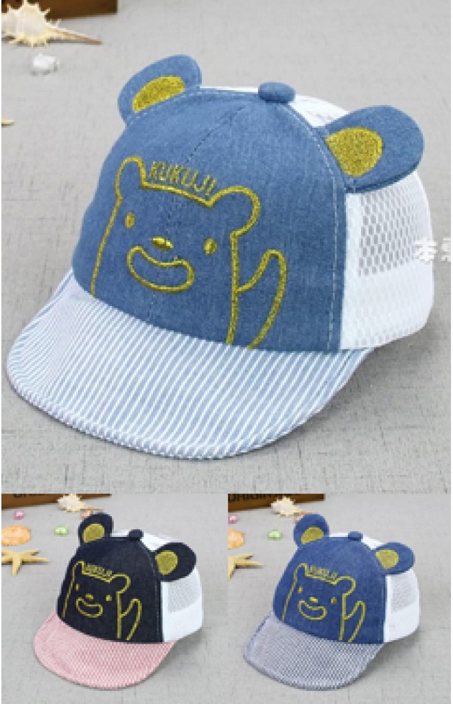 หมวกแก๊ปยีนส์ปักหน้าหมีน้อย KUKUJI ด้านหลังผ้าตาข่าย หมวกแก๊ปยีนส์ปักหน้าหมีน้อย KUKUJI ด้านหลังผ้าตาข่าย
