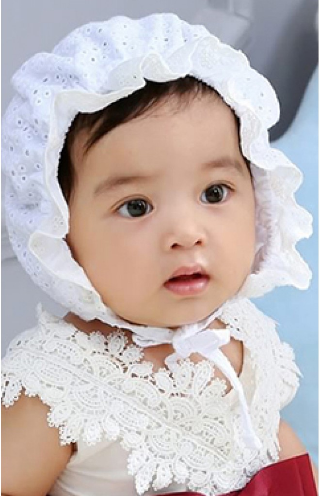 หมวกบอนเนตผ้าฝ้ายฉลุลายดอกแต่งระบายด้านหน้า หมวกบอนเนตผ้าฝ้ายฉลุลายดอกแต่งระบายด้านหน้า