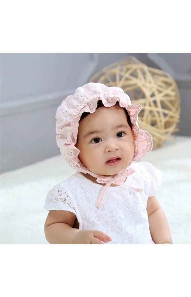 หมวกบอนเนตผ้าฝ้ายฉลุลายดอกแต่งระบายด้านหน้า