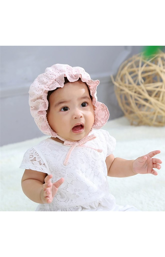 หมวกบอนเนตผ้าฝ้ายฉลุลายดอกแต่งระบายด้านหน้า