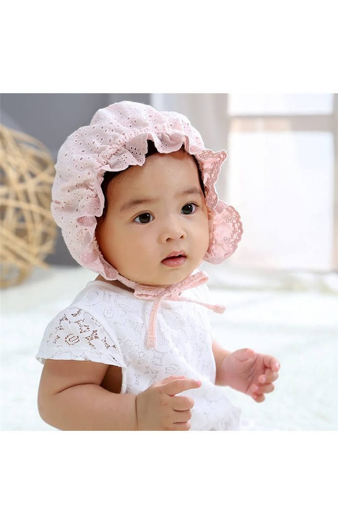 หมวกบอนเนตผ้าฝ้ายฉลุลายดอกแต่งระบายด้านหน้า