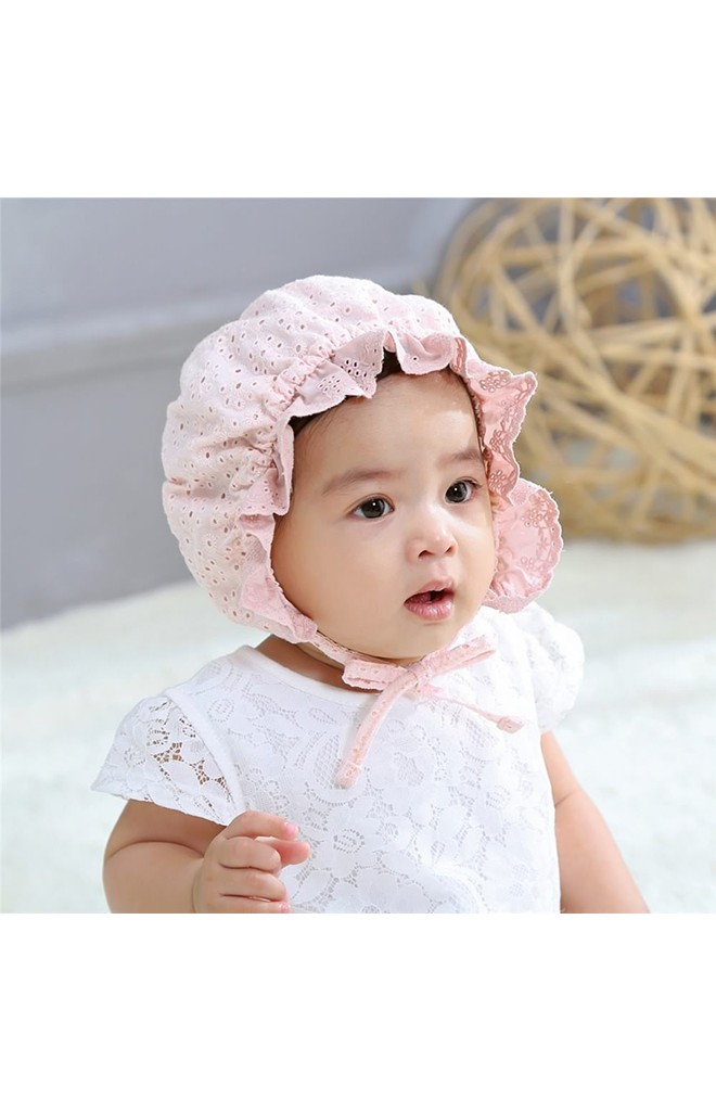 หมวกบอนเนตผ้าฝ้ายฉลุลายดอกแต่งระบายด้านหน้า