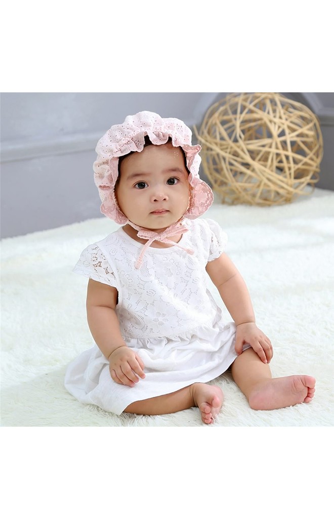 หมวกบอนเนตผ้าฝ้ายฉลุลายดอกแต่งระบายด้านหน้า