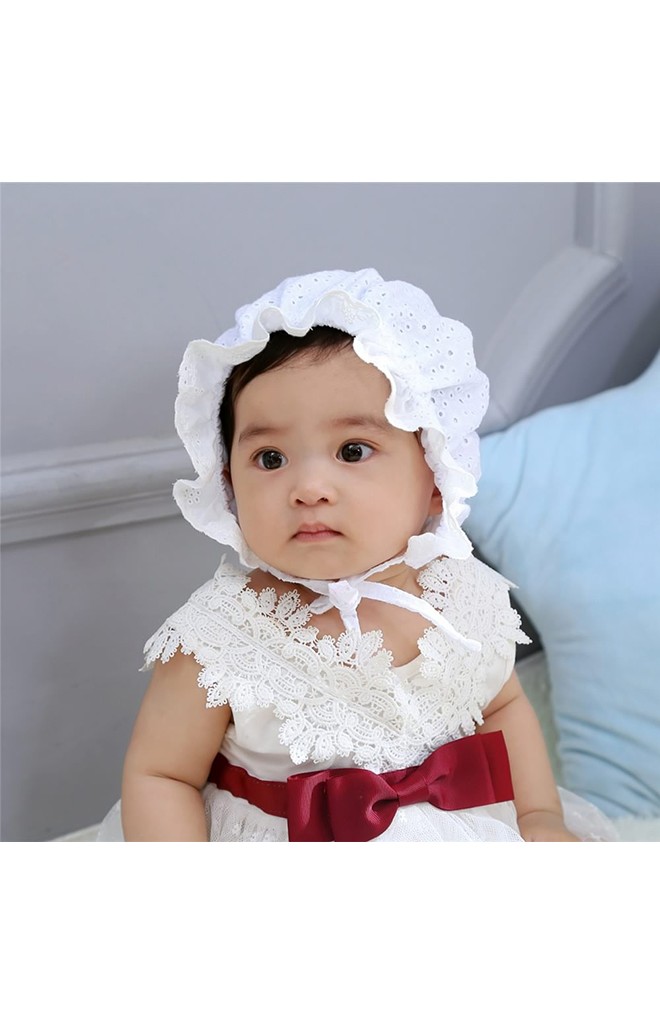 หมวกบอนเนตผ้าฝ้ายฉลุลายดอกแต่งระบายด้านหน้า