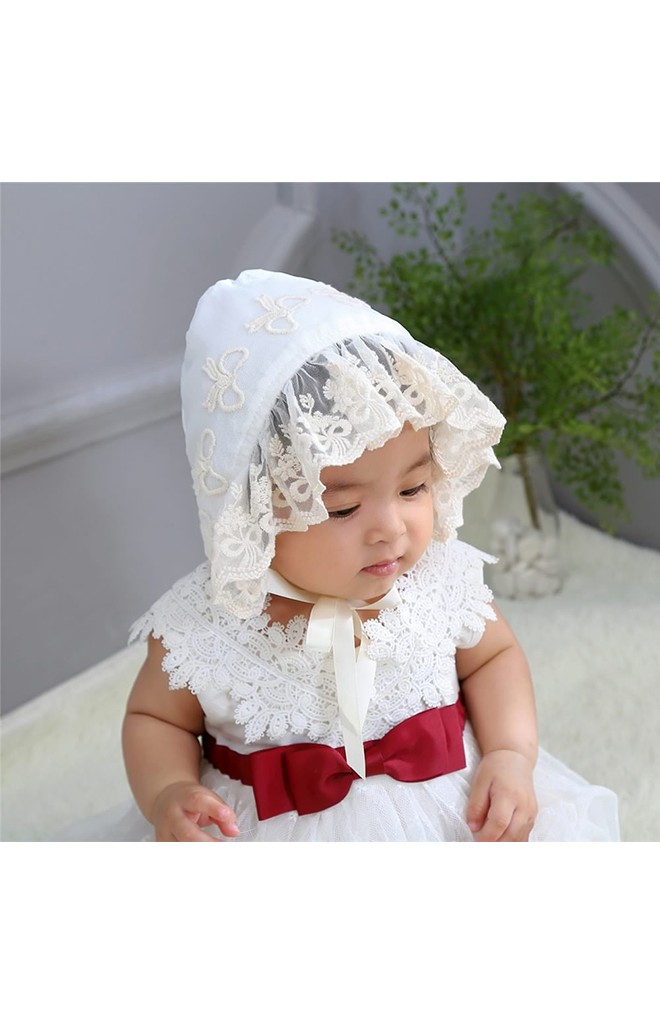 หมวกผูกคางสาวน้อยลายโบว์ด้านหน้าระบายลูกไม้