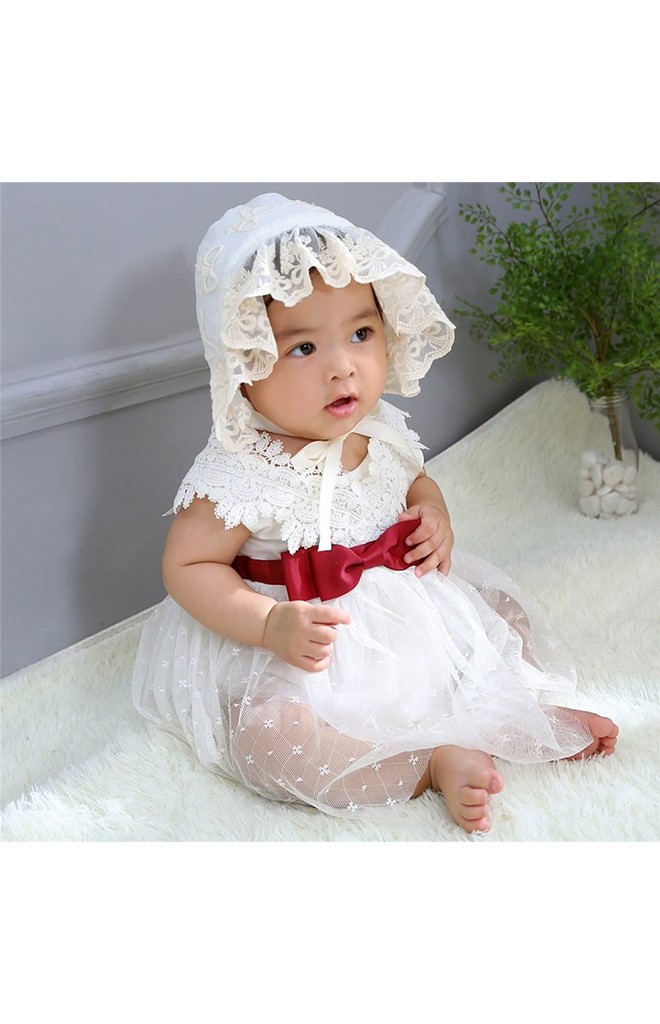 หมวกผูกคางสาวน้อยลายโบว์ด้านหน้าระบายลูกไม้