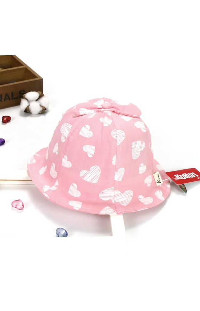 หมวก Bucket ลายหัวใจ ด้านบนแต่งโบว์ KUKUJI