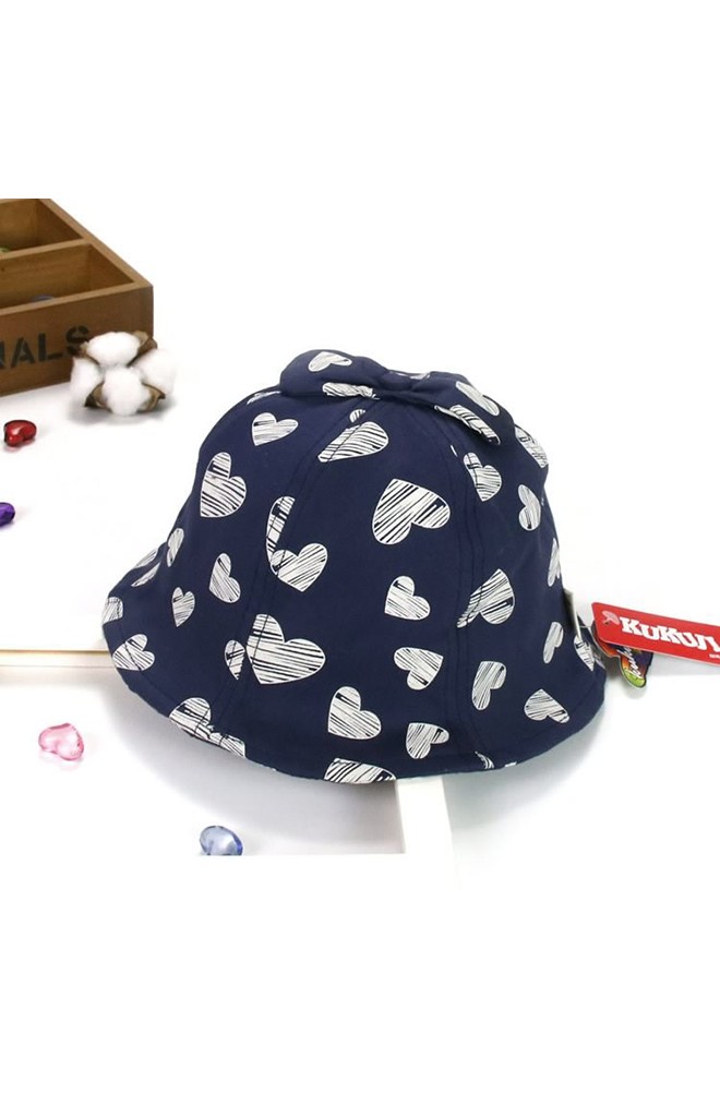 หมวก Bucket ลายหัวใจ ด้านบนแต่งโบว์ KUKUJI