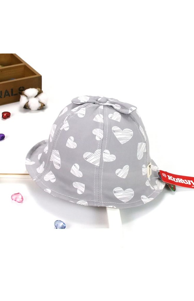 หมวก Bucket ลายหัวใจ ด้านบนแต่งโบว์ KUKUJI