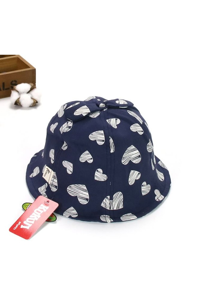 หมวก Bucket ลายหัวใจ ด้านบนแต่งโบว์ KUKUJI